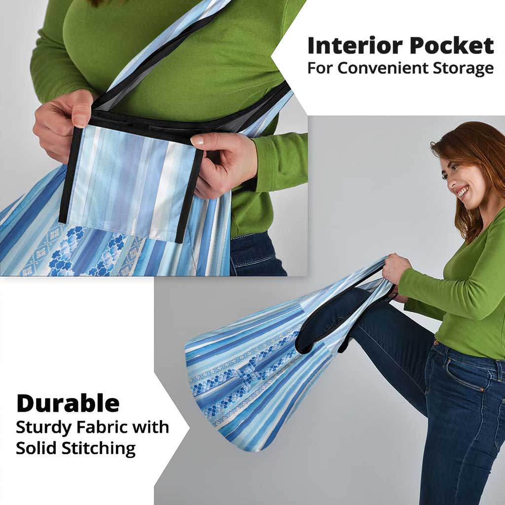 Tunisian Mosaic Pattern Grocery Bag with Blue Stripes and Traditional Tile Design