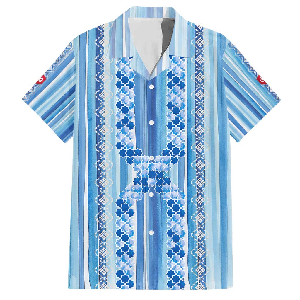 Tunisian Mosaic Pattern Hawaiian Shirt with Blue Stripes and Traditional Tile Design
