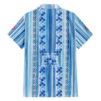Tunisian Mosaic Pattern Hawaiian Shirt with Blue Stripes and Traditional Tile Design