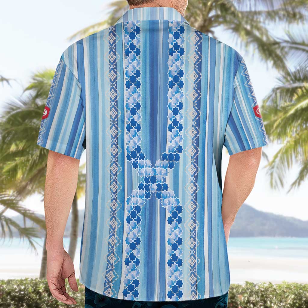 Tunisian Mosaic Pattern Hawaiian Shirt with Blue Stripes and Traditional Tile Design