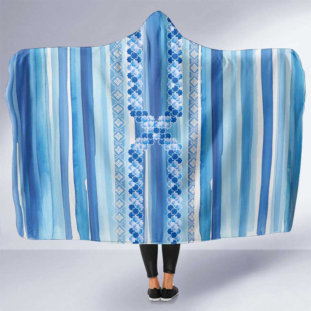 Tunisian Mosaic Pattern Hooded Blanket with Blue Stripes and Traditional Tile Design