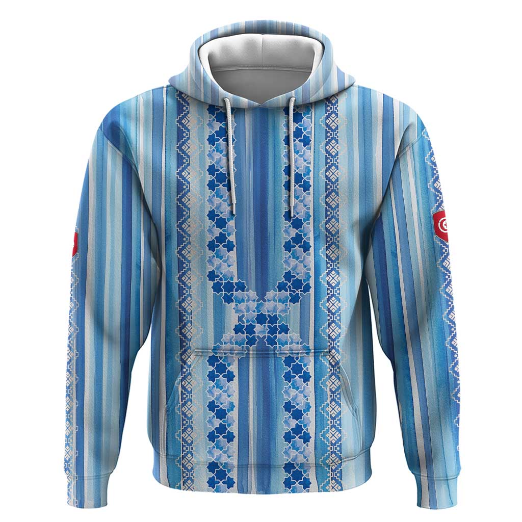 Tunisian Mosaic Pattern Hoodie with Blue Stripes and Traditional Tile Design