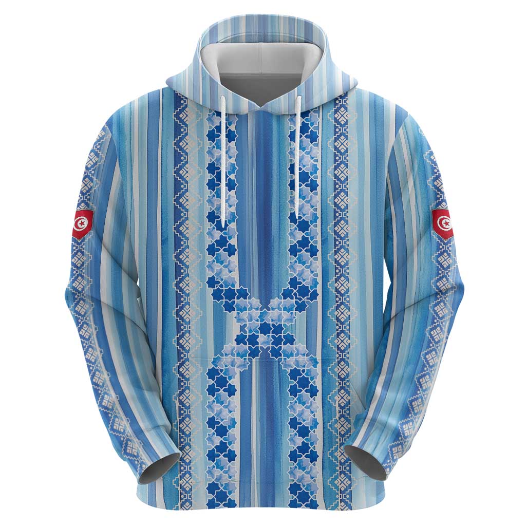 Tunisian Mosaic Pattern Hoodie with Blue Stripes and Traditional Tile Design