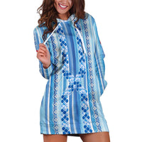 Tunisian Mosaic Pattern Hoodie Dress with Blue Stripes and Traditional Tile Design