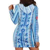 Tunisian Mosaic Pattern Hoodie Dress with Blue Stripes and Traditional Tile Design