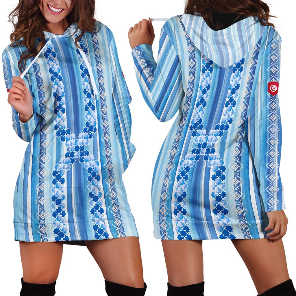 Tunisian Mosaic Pattern Hoodie Dress with Blue Stripes and Traditional Tile Design