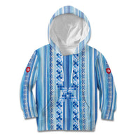 Tunisian Mosaic Pattern Kid Hoodie with Blue Stripes and Traditional Tile Design