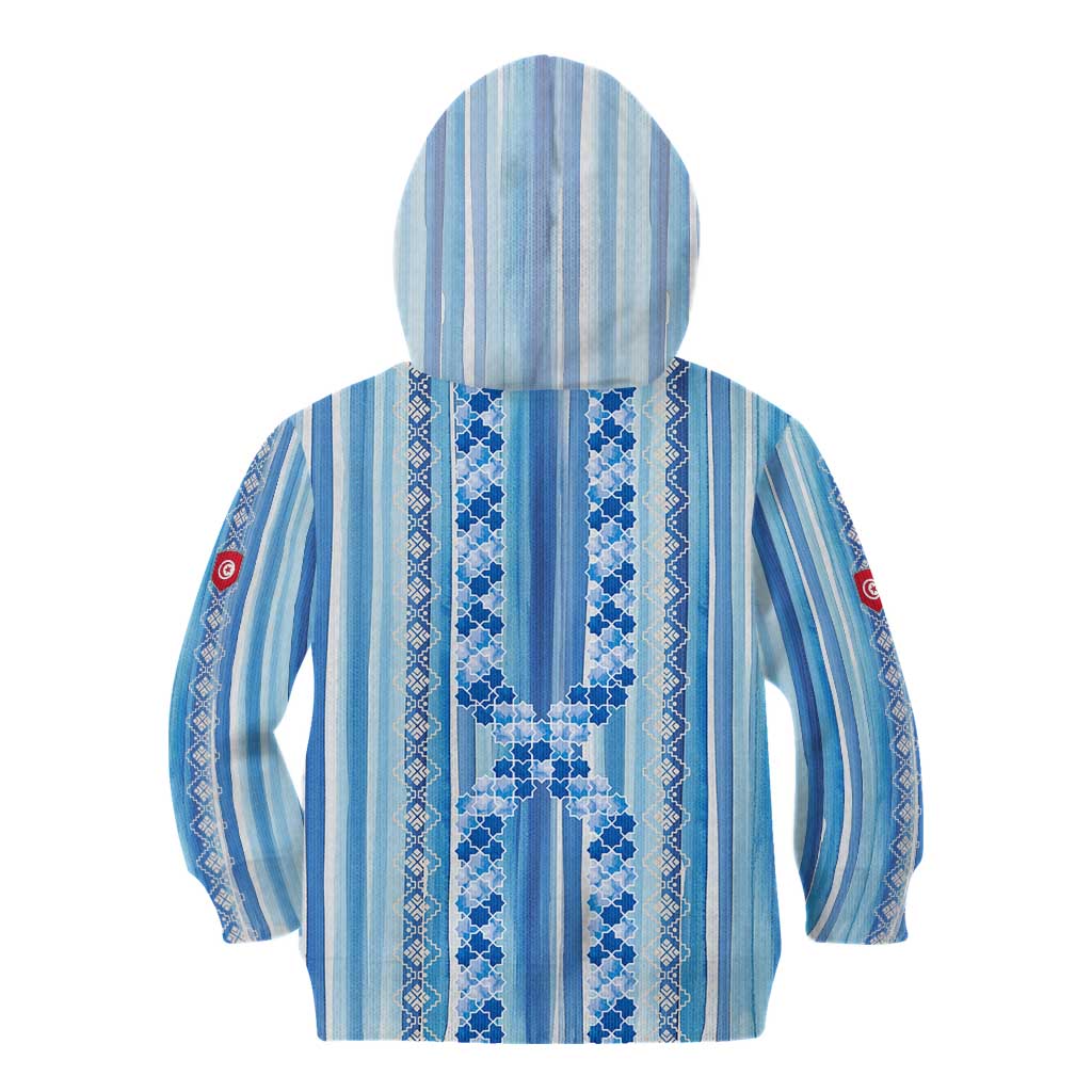 Tunisian Mosaic Pattern Kid Hoodie with Blue Stripes and Traditional Tile Design