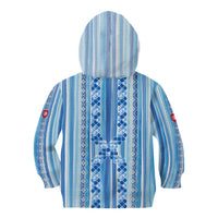Tunisian Mosaic Pattern Kid Hoodie with Blue Stripes and Traditional Tile Design