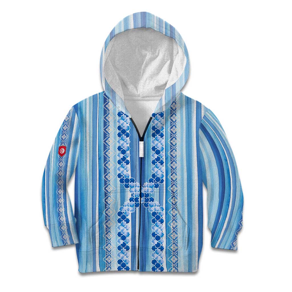 Tunisian Mosaic Pattern Kid Hoodie with Blue Stripes and Traditional Tile Design