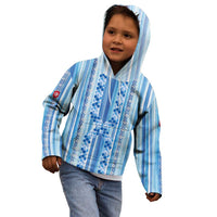 Tunisian Mosaic Pattern Kid Hoodie with Blue Stripes and Traditional Tile Design