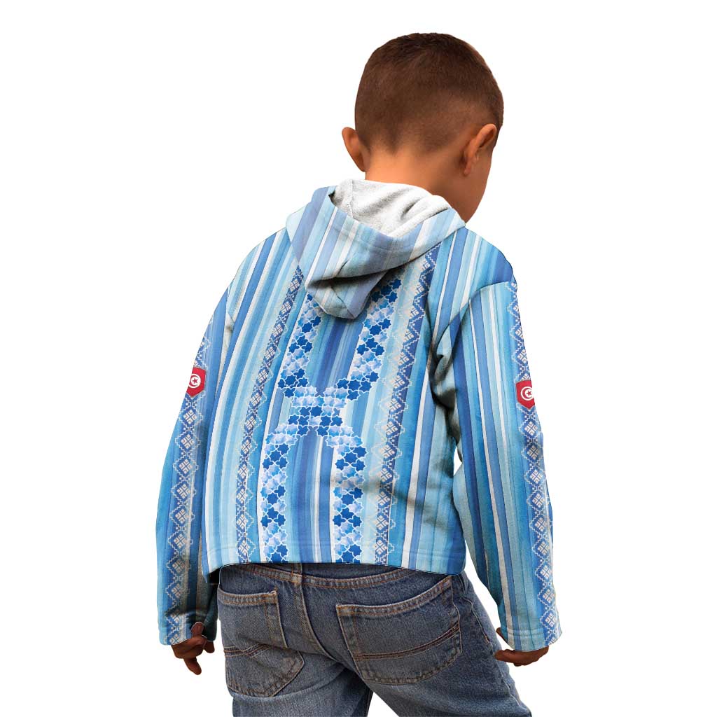Tunisian Mosaic Pattern Kid Hoodie with Blue Stripes and Traditional Tile Design