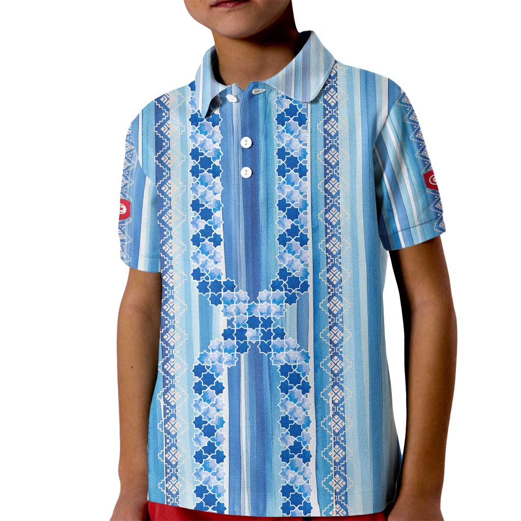 Tunisian Mosaic Pattern Kid Polo Shirt with Blue Stripes and Traditional Tile Design