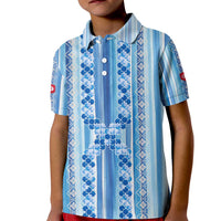 Tunisian Mosaic Pattern Kid Polo Shirt with Blue Stripes and Traditional Tile Design