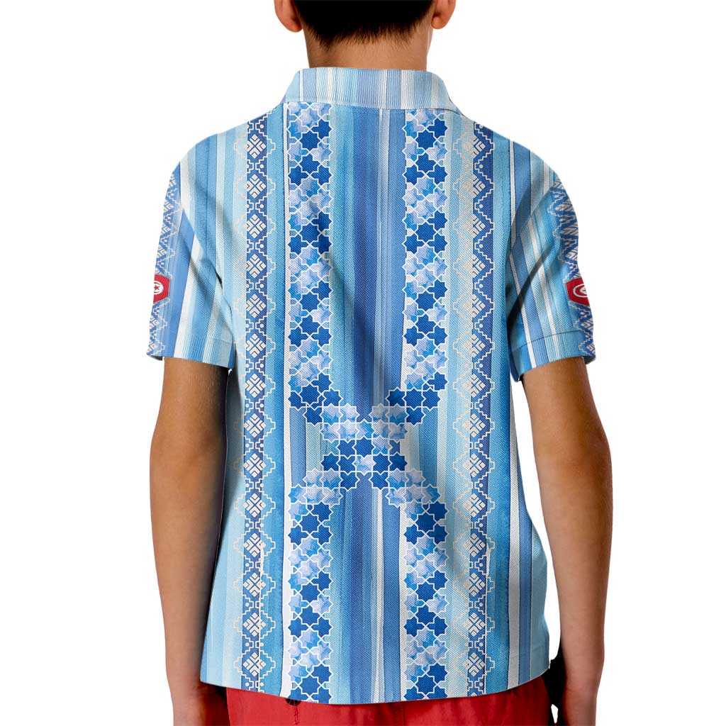 Tunisian Mosaic Pattern Kid Polo Shirt with Blue Stripes and Traditional Tile Design