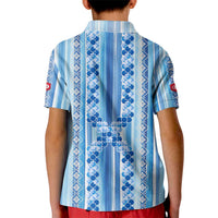 Tunisian Mosaic Pattern Kid Polo Shirt with Blue Stripes and Traditional Tile Design