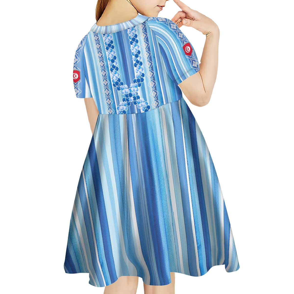 Tunisian Mosaic Pattern Kid Short Sleeve Dress with Blue Stripes and Traditional Tile Design