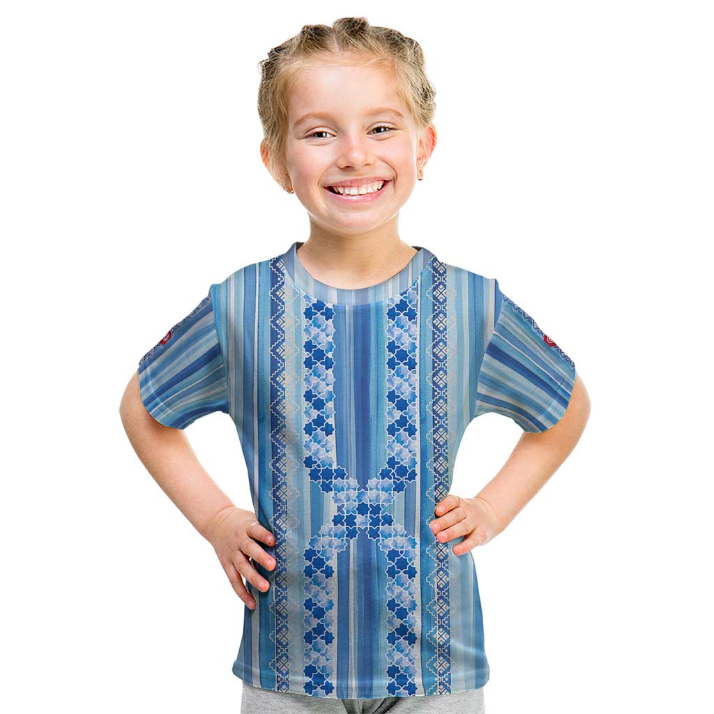 Tunisian Mosaic Pattern Kid T Shirt with Blue Stripes and Traditional Tile Design