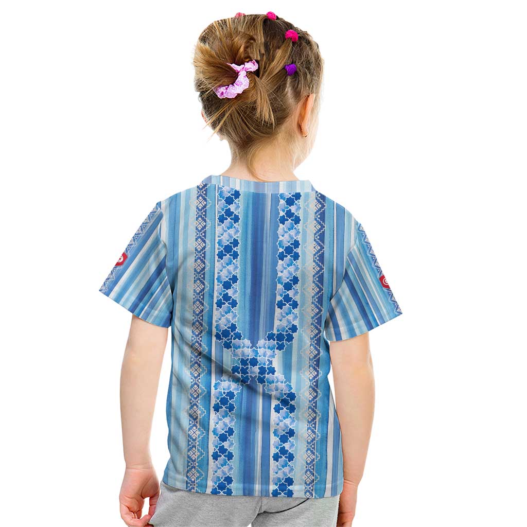 Tunisian Mosaic Pattern Kid T Shirt with Blue Stripes and Traditional Tile Design