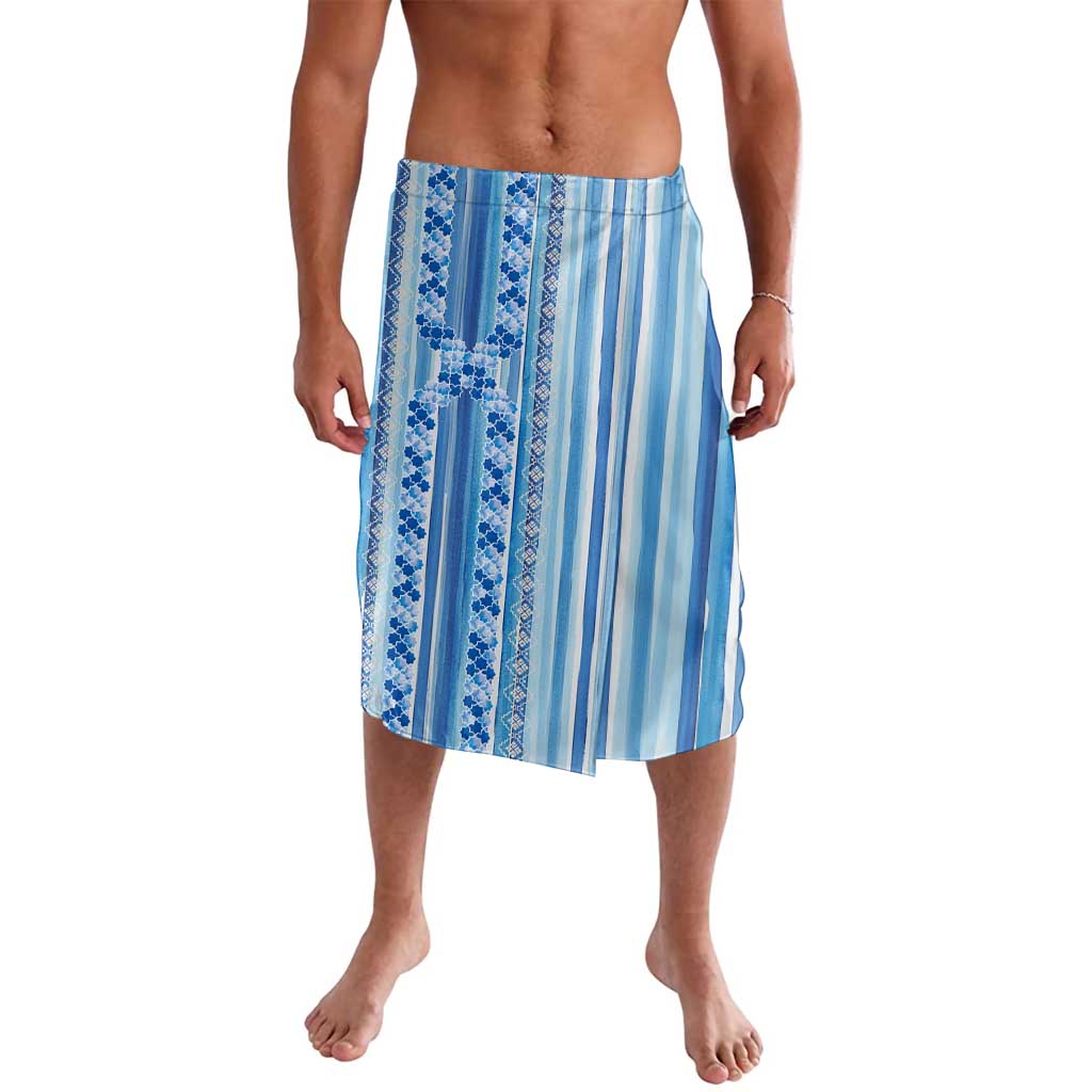 Tunisian Mosaic Pattern Lavalava with Blue Stripes and Traditional Tile Design