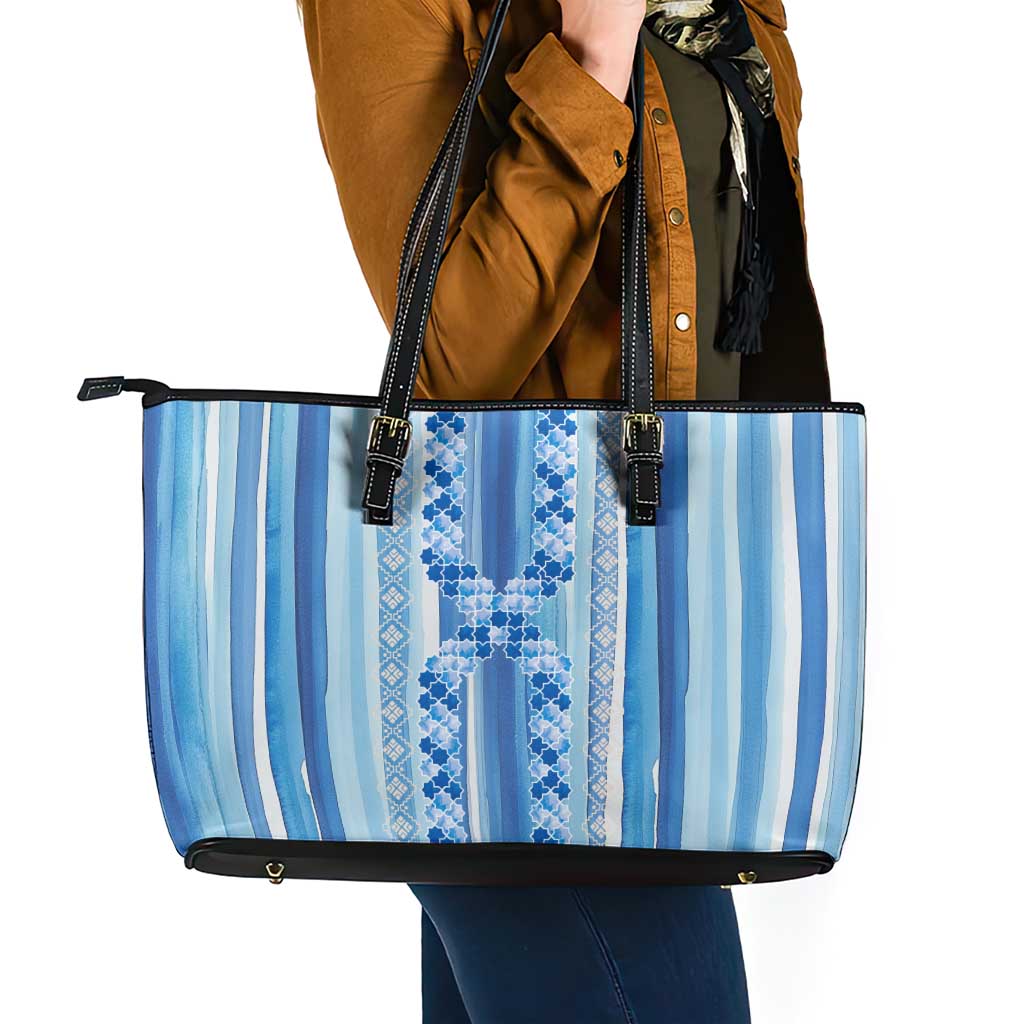 Tunisian Mosaic Pattern Leather Tote Bag with Blue Stripes and Traditional Tile Design