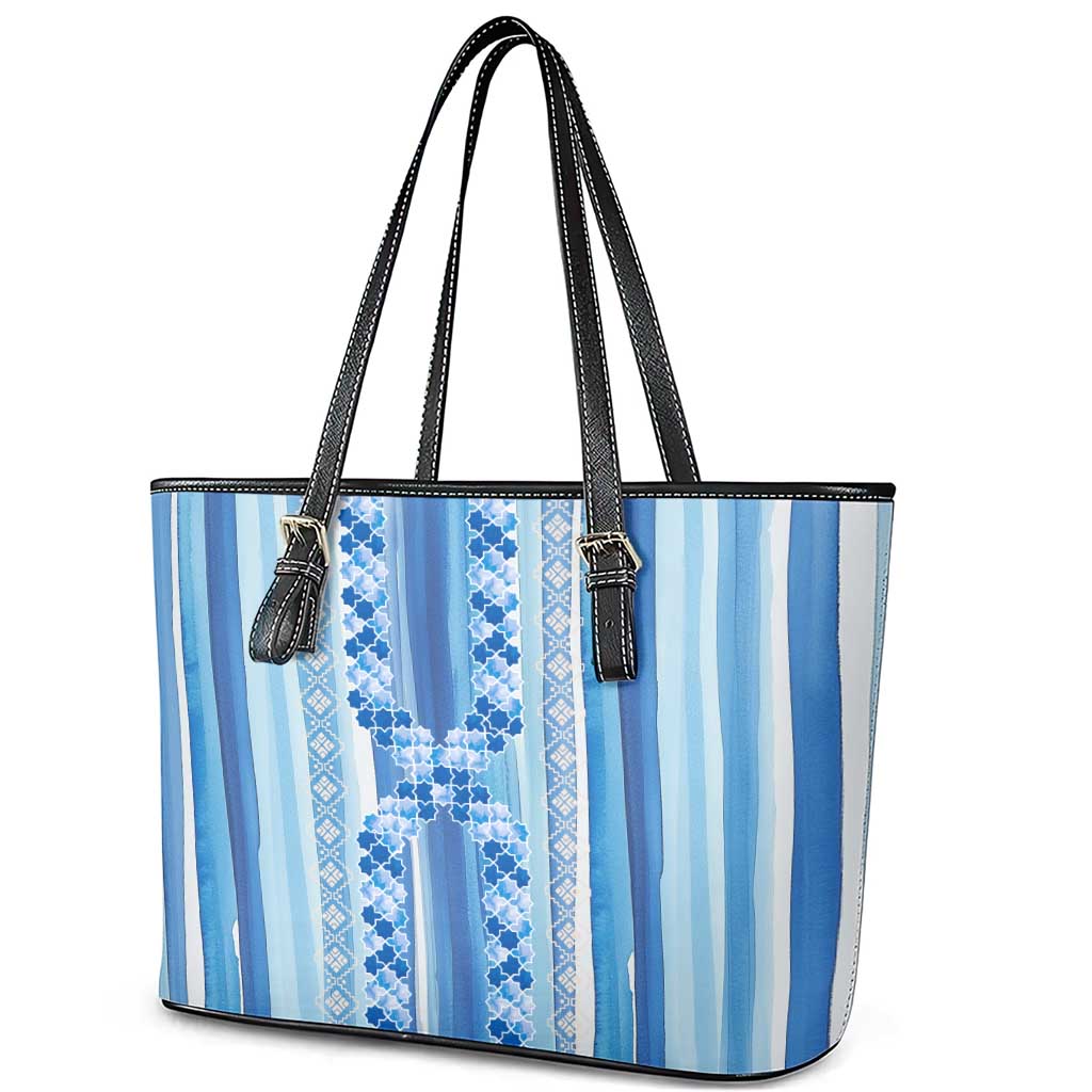 Tunisian Mosaic Pattern Leather Tote Bag with Blue Stripes and Traditional Tile Design