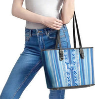 Tunisian Mosaic Pattern Leather Tote Bag with Blue Stripes and Traditional Tile Design