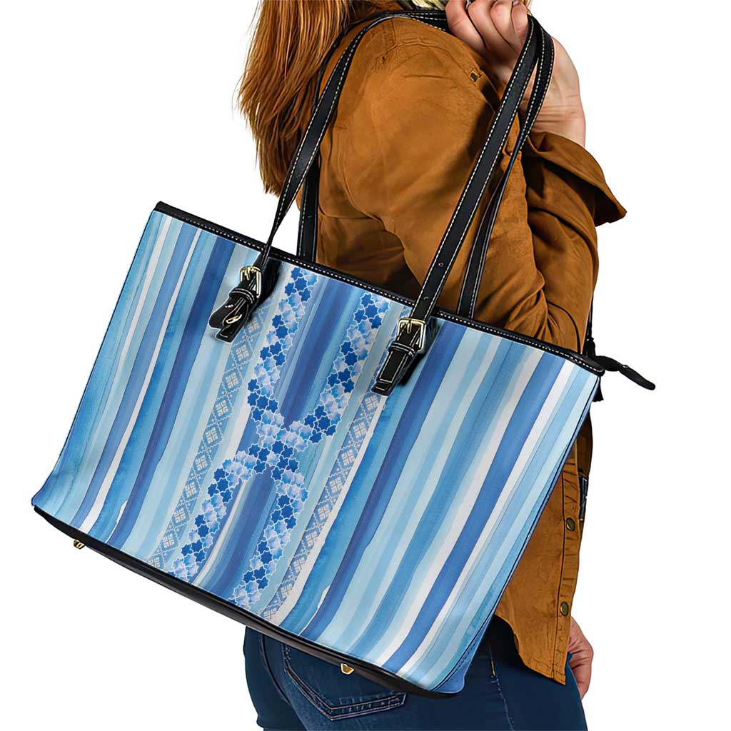 Tunisian Mosaic Pattern Leather Tote Bag with Blue Stripes and Traditional Tile Design