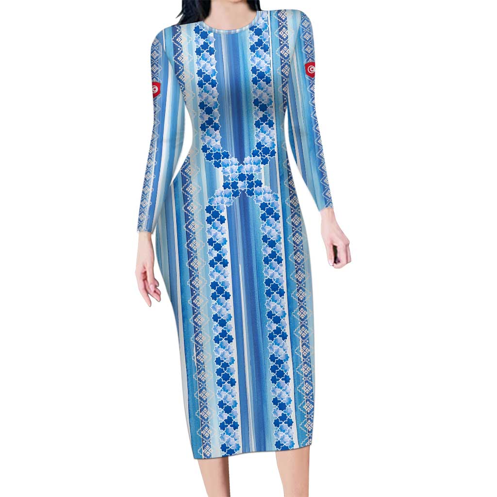 Tunisian Mosaic Pattern Long Sleeve Bodycon Dress with Blue Stripes and Traditional Tile Design