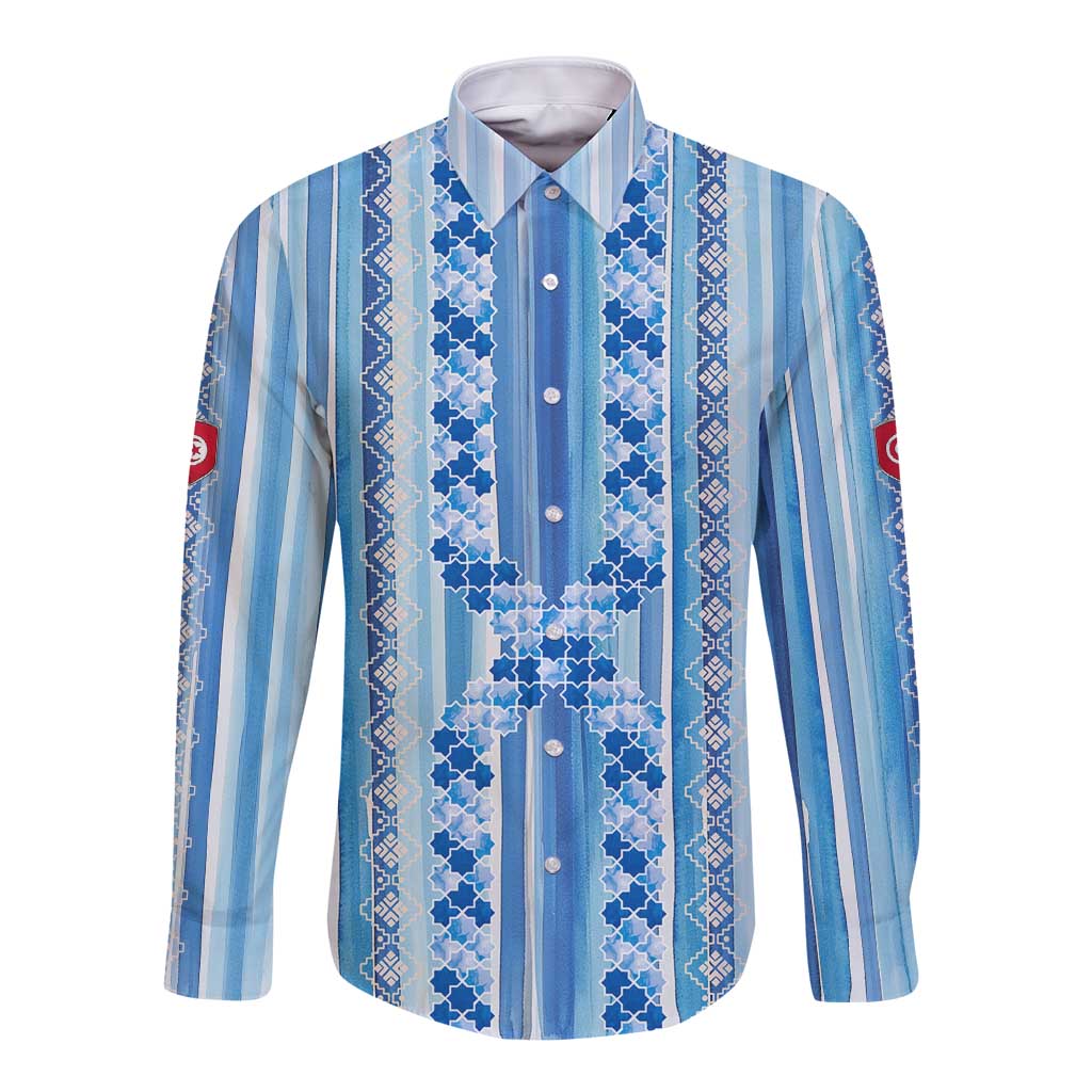 Tunisian Mosaic Pattern Long Sleeve Button Shirt with Blue Stripes and Traditional Tile Design