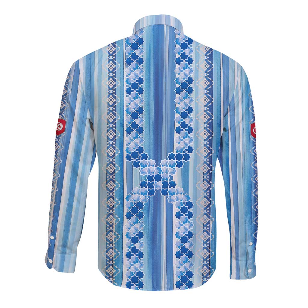 Tunisian Mosaic Pattern Long Sleeve Button Shirt with Blue Stripes and Traditional Tile Design
