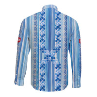 Tunisian Mosaic Pattern Long Sleeve Button Shirt with Blue Stripes and Traditional Tile Design