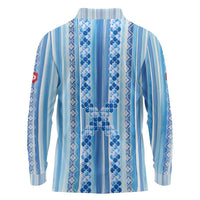 Tunisian Mosaic Pattern Long Sleeve Polo Shirt with Blue Stripes and Traditional Tile Design