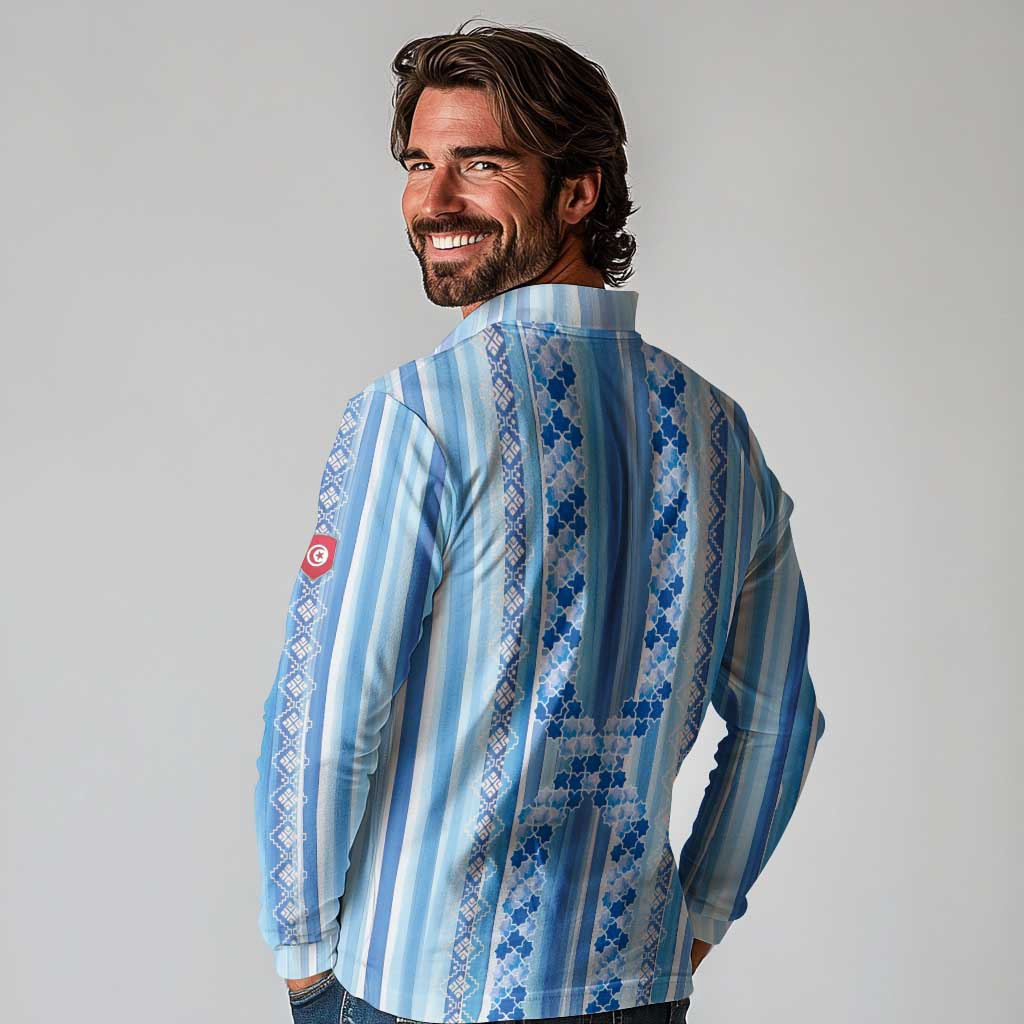 Tunisian Mosaic Pattern Long Sleeve Polo Shirt with Blue Stripes and Traditional Tile Design