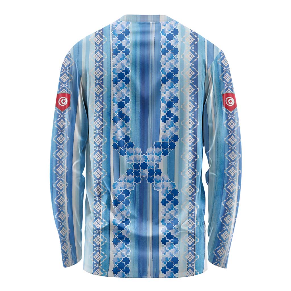 Tunisian Mosaic Pattern Long Sleeve Shirt with Blue Stripes and Traditional Tile Design