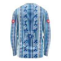 Tunisian Mosaic Pattern Long Sleeve Shirt with Blue Stripes and Traditional Tile Design