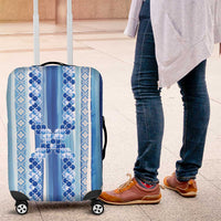 Tunisian Mosaic Pattern Luggage Cover with Blue Stripes and Traditional Tile Design