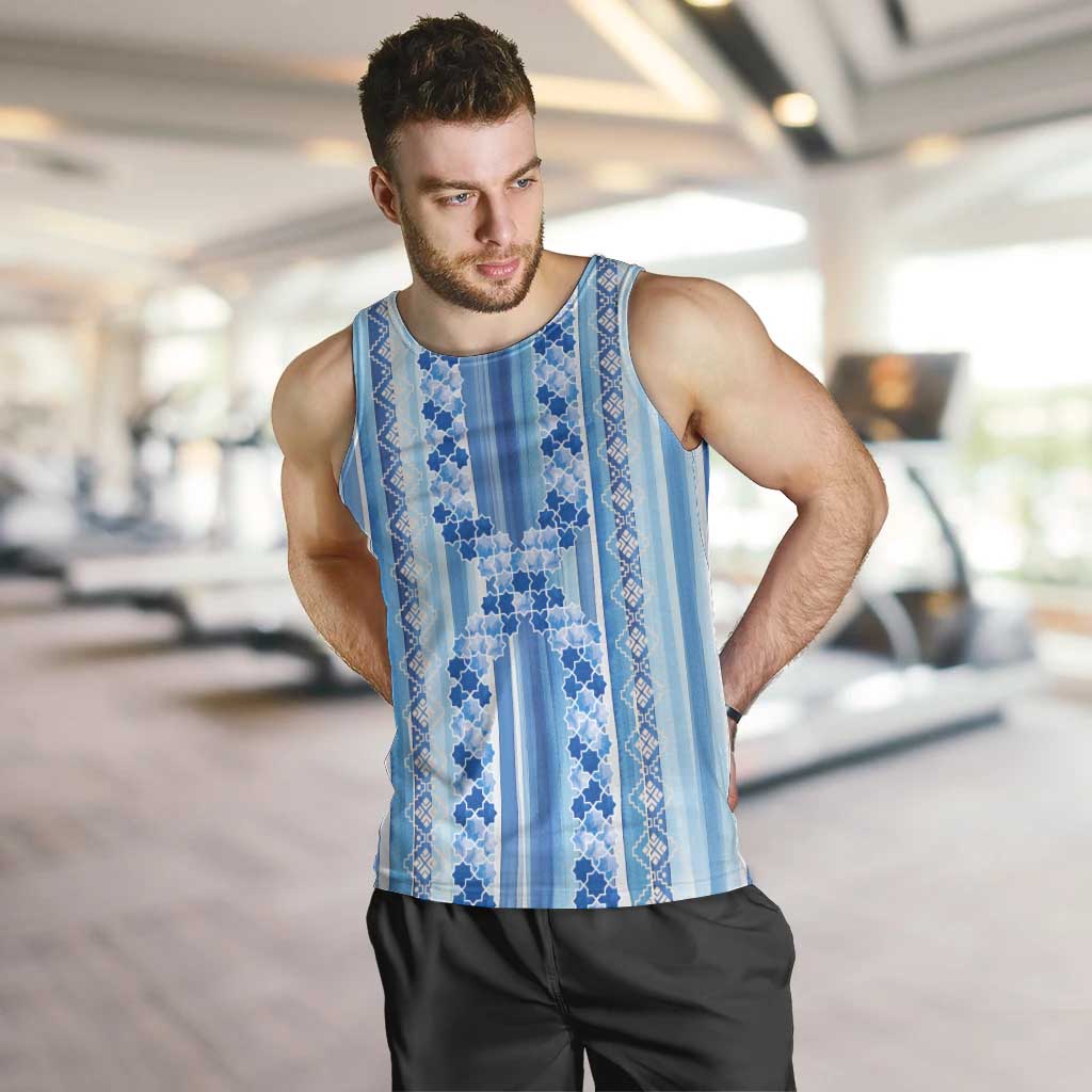 Tunisian Mosaic Pattern Men Tank Top with Blue Stripes and Traditional Tile Design