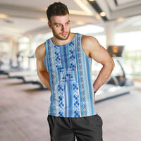 Tunisian Mosaic Pattern Men Tank Top with Blue Stripes and Traditional Tile Design
