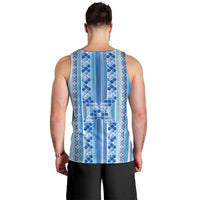 Tunisian Mosaic Pattern Men Tank Top with Blue Stripes and Traditional Tile Design