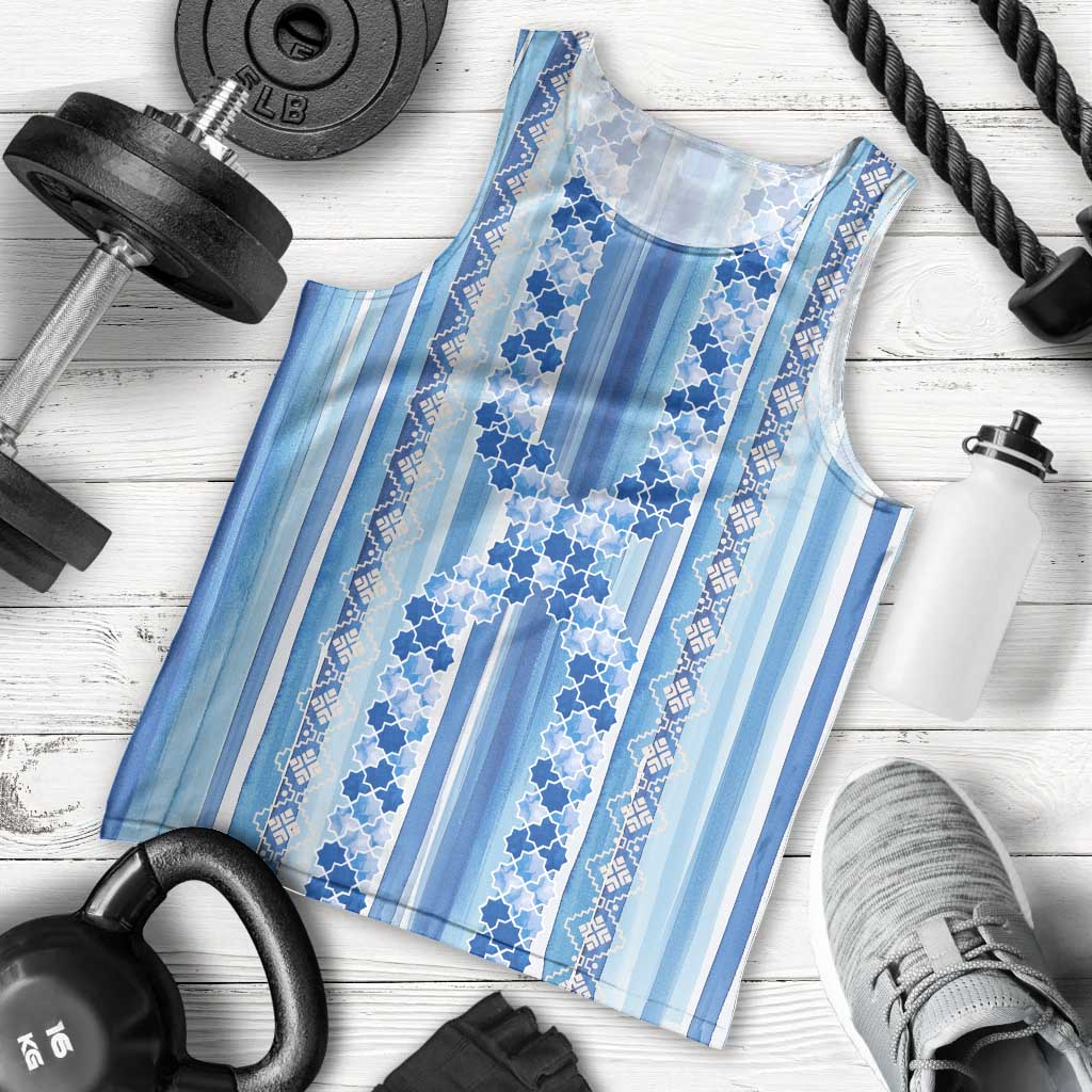 Tunisian Mosaic Pattern Men Tank Top with Blue Stripes and Traditional Tile Design