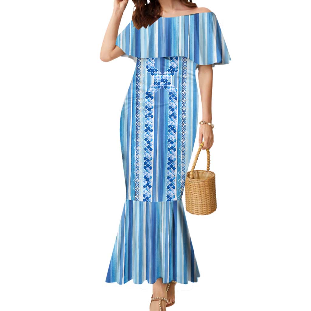 Tunisian Mosaic Pattern Mermaid Dress with Blue Stripes and Traditional Tile Design