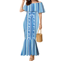Tunisian Mosaic Pattern Mermaid Dress with Blue Stripes and Traditional Tile Design