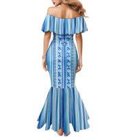Tunisian Mosaic Pattern Mermaid Dress with Blue Stripes and Traditional Tile Design