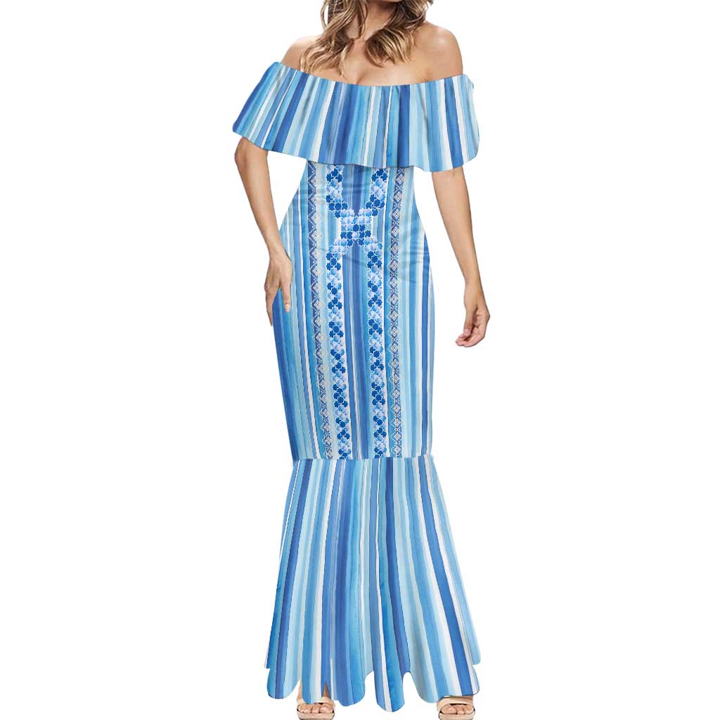 Tunisian Mosaic Pattern Mermaid Dress with Blue Stripes and Traditional Tile Design