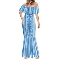 Tunisian Mosaic Pattern Mermaid Dress with Blue Stripes and Traditional Tile Design
