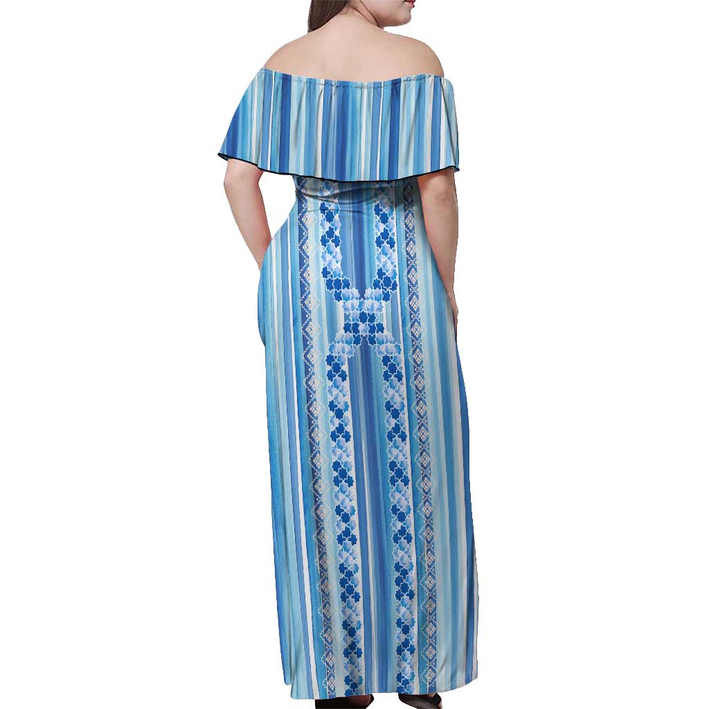 Tunisian Mosaic Pattern Off Shoulder Maxi Dress with Blue Stripes and Traditional Tile Design