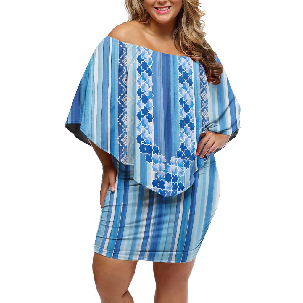 Tunisian Mosaic Pattern Off Shoulder Short Dress with Blue Stripes and Traditional Tile Design