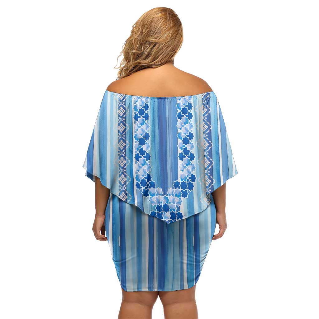 Tunisian Mosaic Pattern Off Shoulder Short Dress with Blue Stripes and Traditional Tile Design