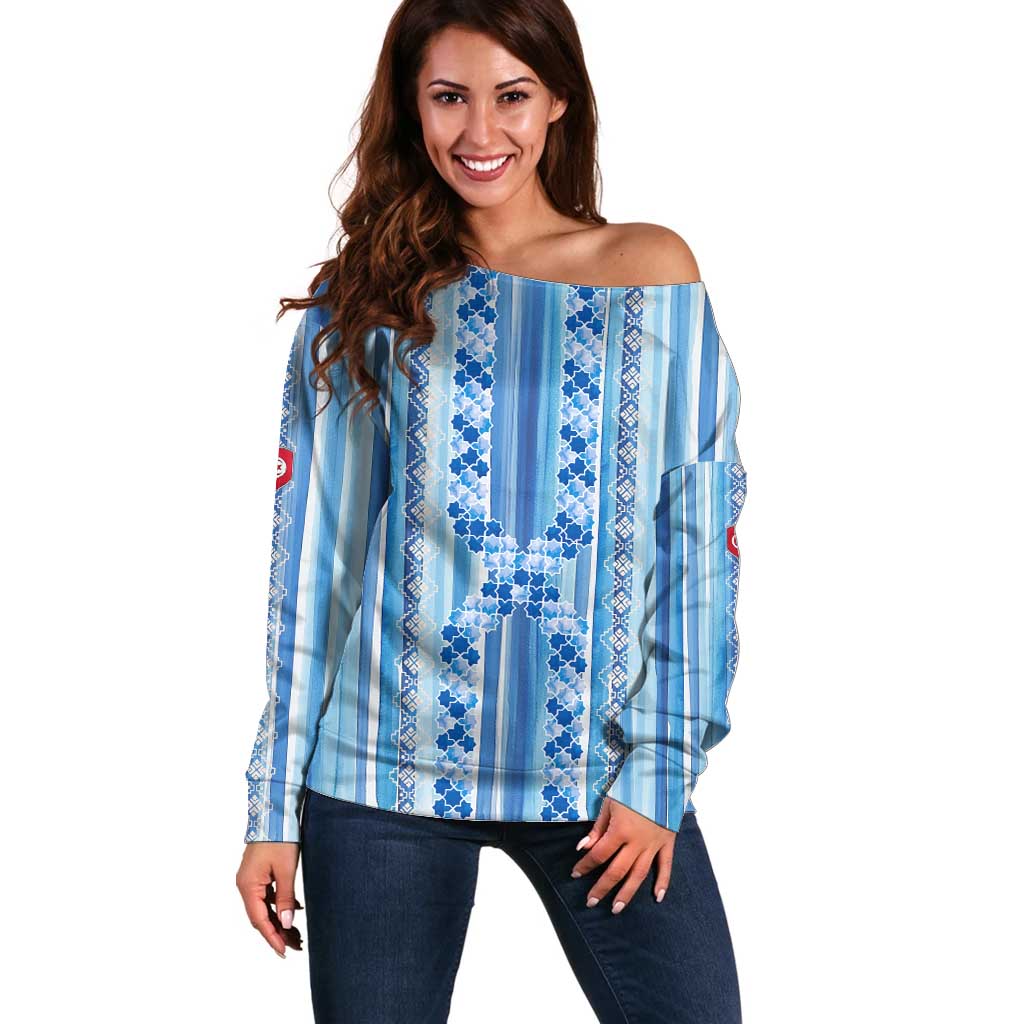 Tunisian Mosaic Pattern Off Shoulder Sweater with Blue Stripes and Traditional Tile Design